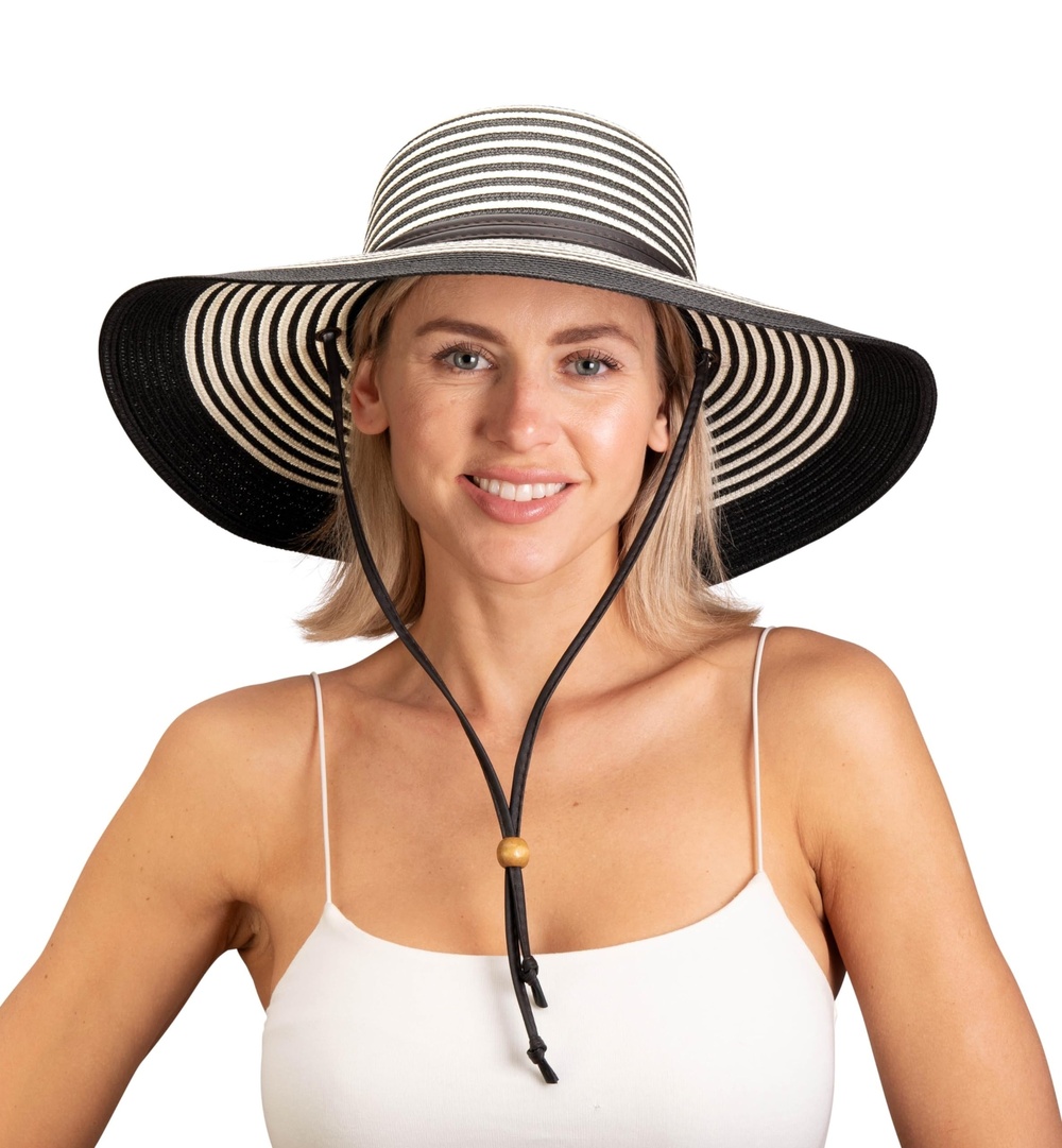 Women's Wide Brim Braided Sun Hat with Wind Lanyard - UPF | Black White | Size M